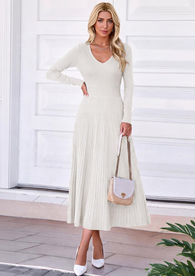 PRETTYGARDEN Women's Fall V Neck Pleated Midi Sweater Dress  Stretchy Ribbed Knit,Long Sleeve,A Line Flowy Skirt,Elegant Long Dresses for Wedding Guest,Work Office,Winter Party Outfits
