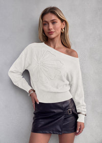 PRETTYGARDEN Women's Fall Off The Shoulder Sweater Tops   | 3D Flower Off Shoulder Sweater, Cinched Waist, Long Sleeve Cropped Sweaters, Knit Pullover Tops, Trendy Date Night Outfit