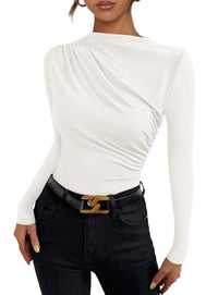 Womens Y2K Going Out Crop Tops Long Sleeve Mock Neck Ruched Slim Fitted Basic Trendy Casual Blouse