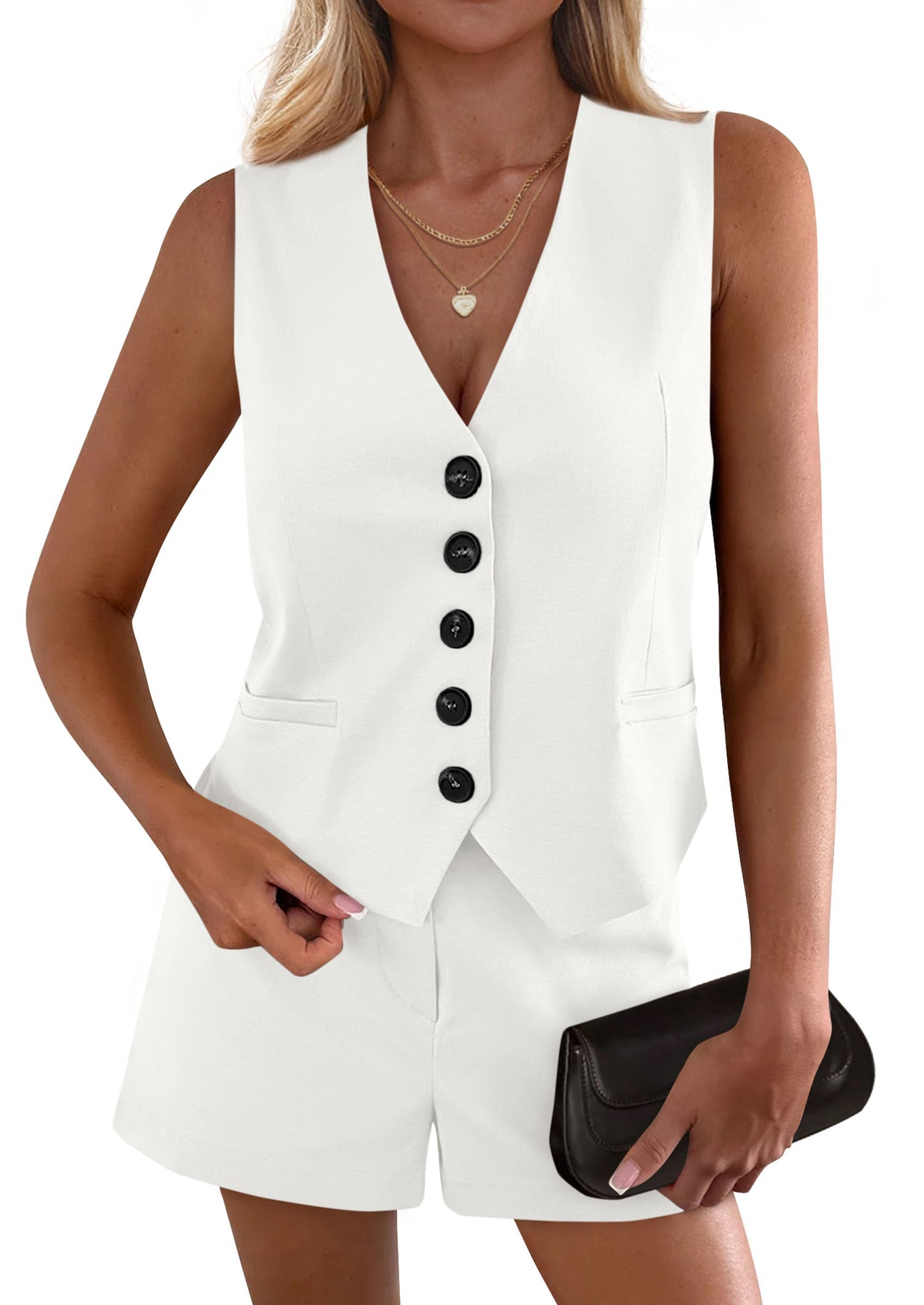 PRETTYGARDEN 2 Piece Sets for Women Spring Fashion Button Vest Tops High Waist Shorts Summer Business Casual Outfits PRETTYGARDEN