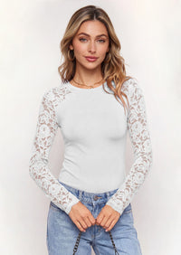 PRETTYGARDEN Sheer Lace Raglan Long Sleeve Shirts for Women | Soft Stretchy Knit,See Through Floral Sleeves,Crewneck Fitted Tshirts,Daily Going Out Tops,Office Layer,Fall Fashion Clothing