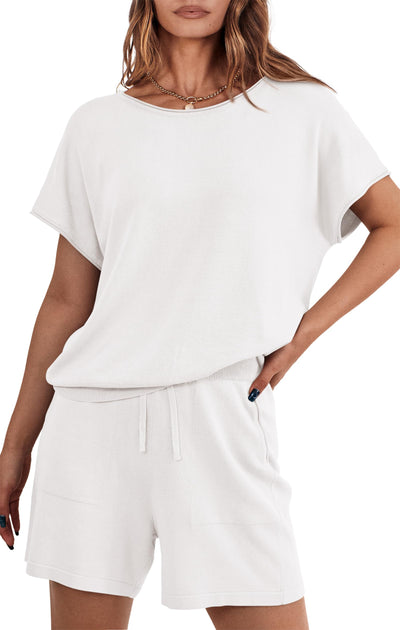 PRETTYGARDEN Two Piece Set for Women Summer Lounge Sets Shorts And Short Sleeve Tops Knitted Matching Travel Spring Outfits PRETTYGARDEN