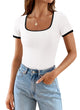 Summer Casual Short Sleeve Ribbed Knit Square Neck Color Block Slim Fit Basic Crop Tops