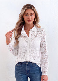 PRETTYGARDEN Women Lace Tops Button Down Long Sleeve Shirts  | Sheer Lace Button Shirts, Elegant Ruffle Collar Blouses, Eyelet Tops Dressy Casual, Date Night Outfit, Fall Fashion Clothing