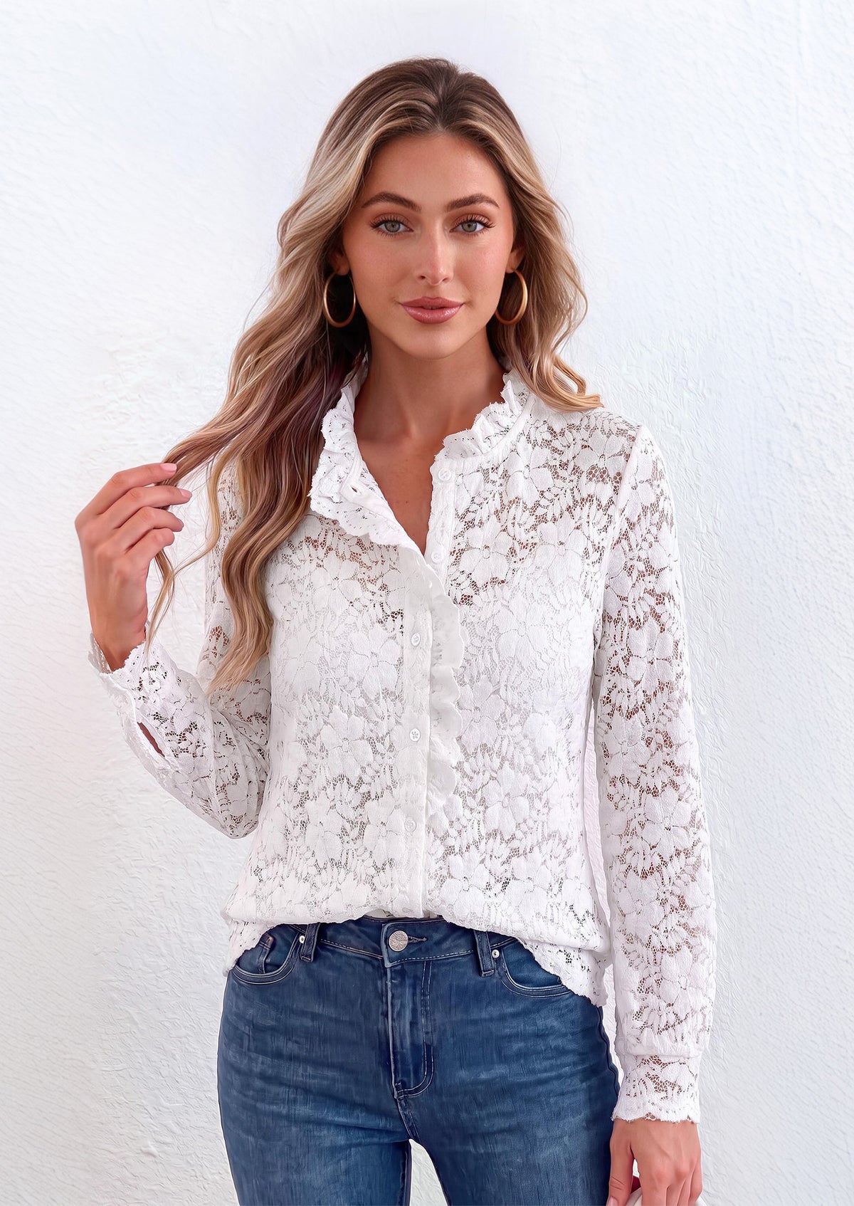 PRETTYGARDEN Women Lace Tops Button Down Long Sleeve Shirts  | Sheer Lace Button Shirts, Elegant Ruffle Collar Blouses, Eyelet Tops Dressy Casual, Date Night Outfit, Fall Fashion Clothing