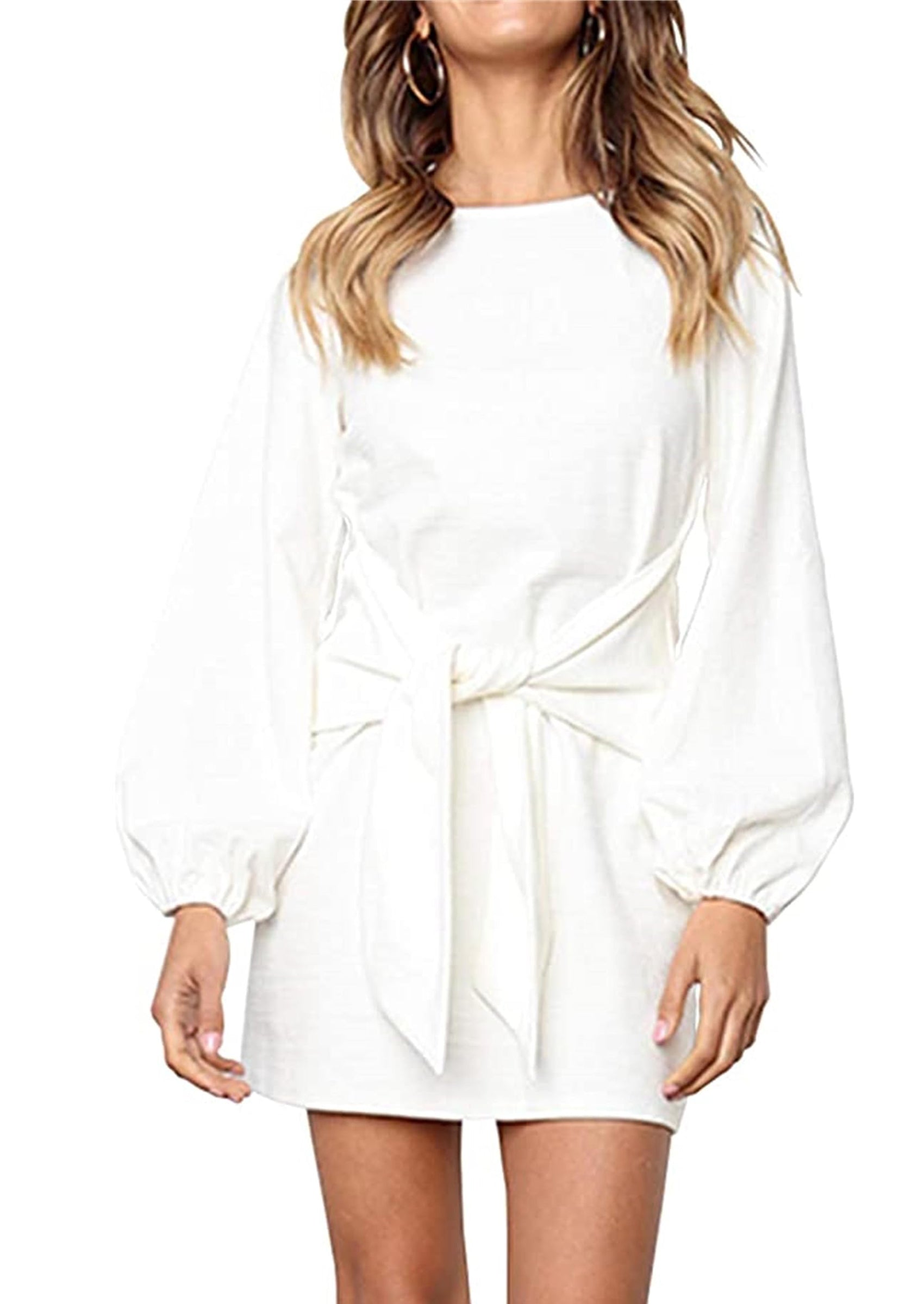 PRETTYGARDEN Womens Fall Elegant Long Lantern Sleeve Short Dress Wedding Guest Crewneck Tie Waist Knit Cocktail Dresses PRETTYGARDEN