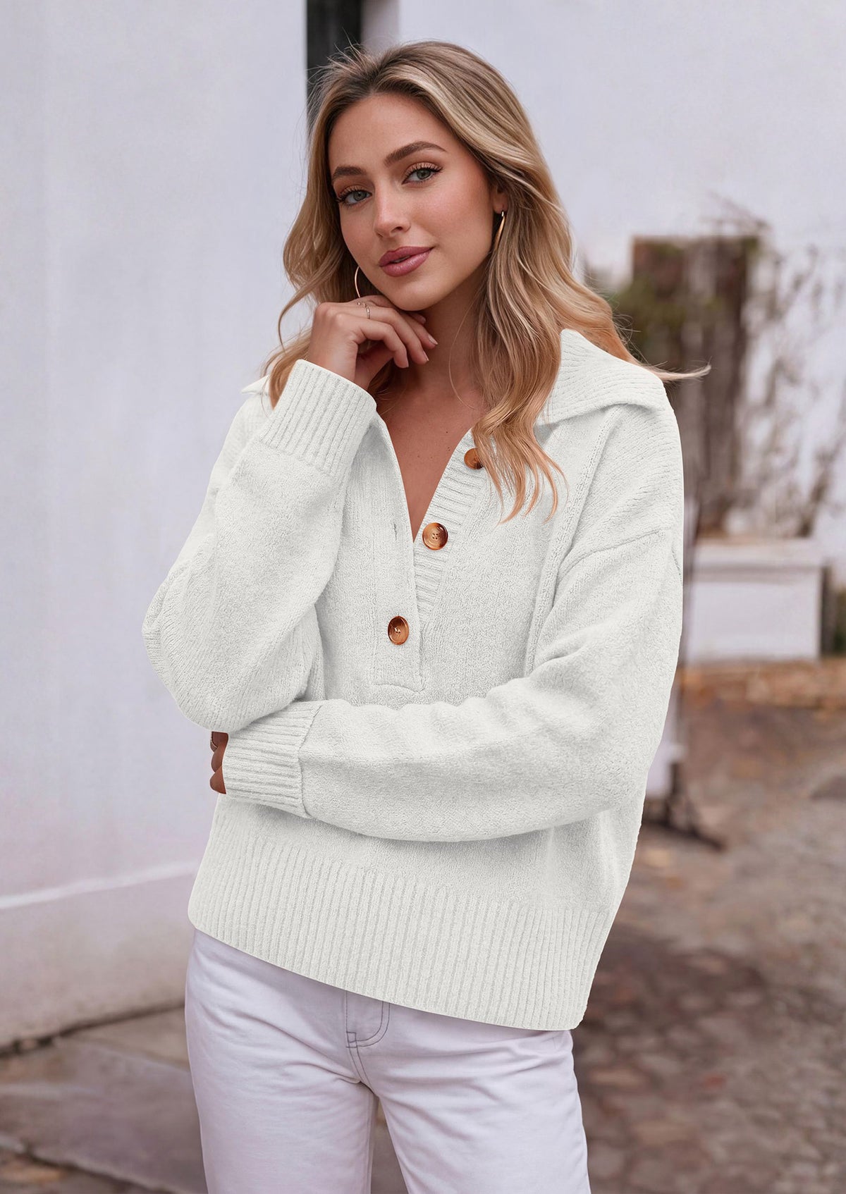 PRETTYGARDEN Womens Fall Long Sleeve Sweaters Button up V Neck Polo Shirts | Quarter Button Collared Tops, Ribbed Knit Comfy Shirts, Relaxed Fit Sweater Tops, Casual Fall Outfits for Women 2026