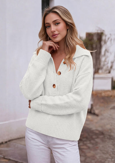 PRETTYGARDEN Womens Fall Long Sleeve Sweaters Button up V Neck Polo Shirts | Quarter Button Collared Tops, Ribbed Knit Comfy Shirts, Relaxed Fit Sweater Tops, Casual Fall Outfits for Women 2026