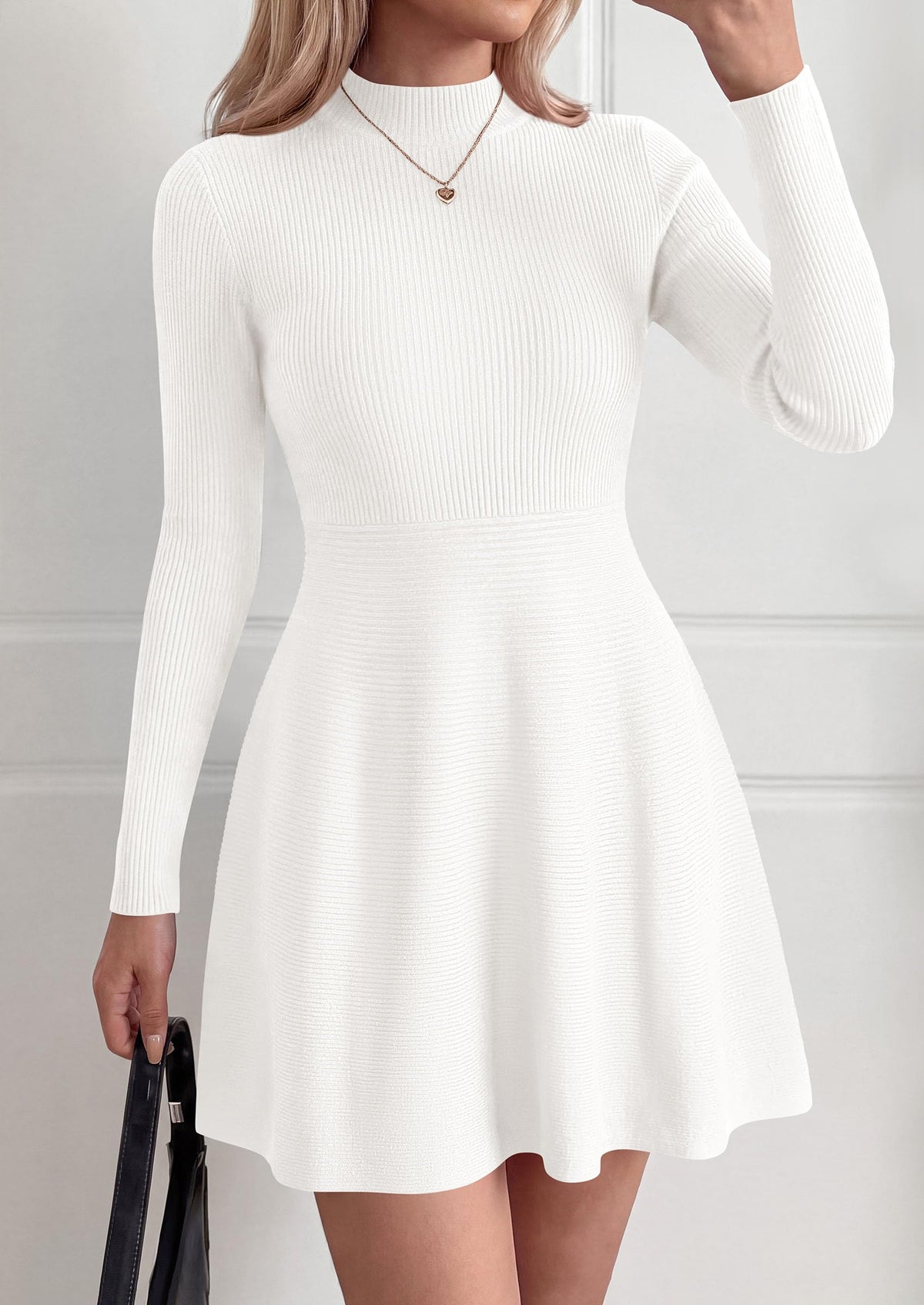 PRETTYGARDEN Womens Mock Neck Long Sleeve Sweater Mini Dress | Soft Ribbed Knit Flared A‑Line, Elegant Fall Winter Dresses for Wedding Guest, Cocktail & Holiday Party Casual Outfits