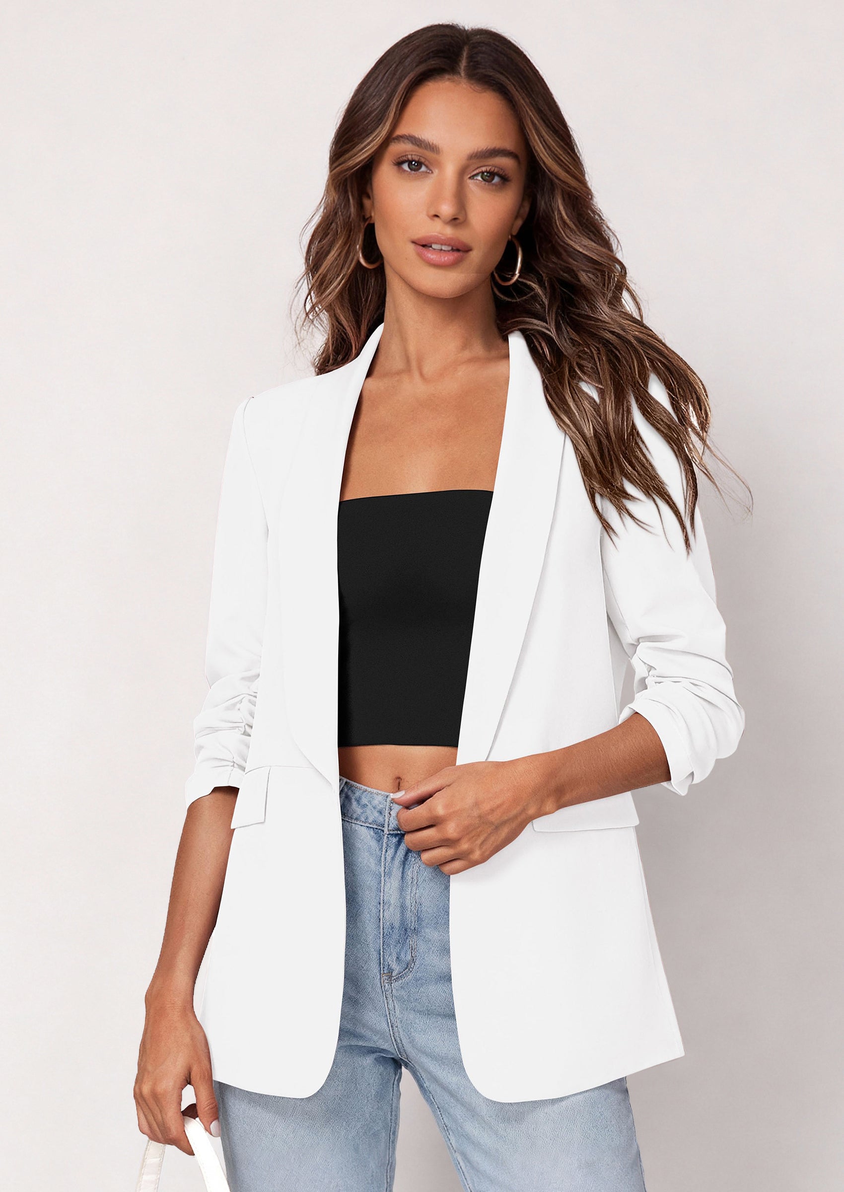 PRETTYGARDEN Women's Spring Blazers Business Casual Outfits Open Front Ruched 3/4 Sleeve Lightweight Work Suits Jackets PRETTYGARDEN