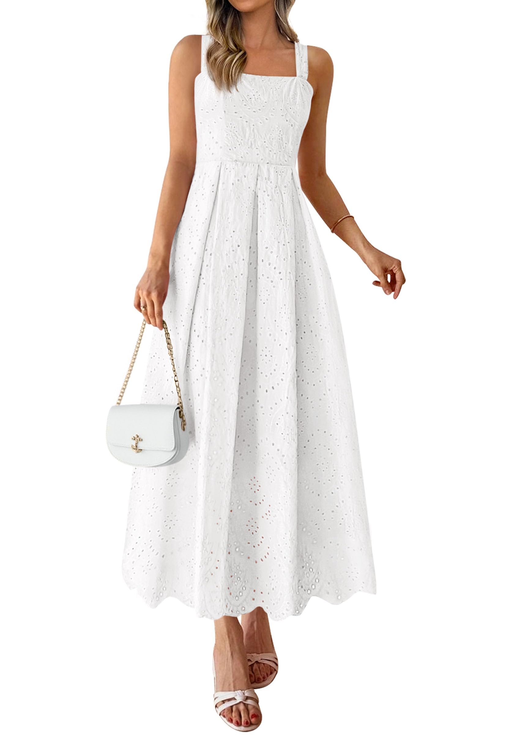 PRETTYGARDEN Womens Sleeveless Maxi Summer Dresses Hollow Out Eyelet Square Neck Ruffle Flowy Beach Vacation Sundress PRETTYGARDEN