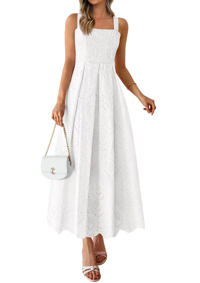 PRETTYGARDEN Womens Sleeveless Maxi Summer Dresses Hollow Out Eyelet Square Neck Ruffle Flowy Beach Vacation Sundress PRETTYGARDEN