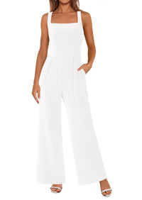 Summer Sleeveless Jumpsuits for Women Dressy Square Neck Wide Leg Pants Knitted One Piece Rompers with Pockets