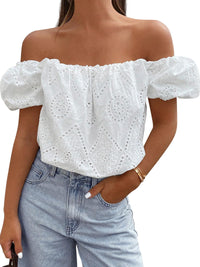 PRETTYGARDEN Women's Summer Off The Shoulder Tops Dressy Casual Puff Short Sleeve Embroidered Eyelet Cute Blouse Shirts PRETTYGARDEN