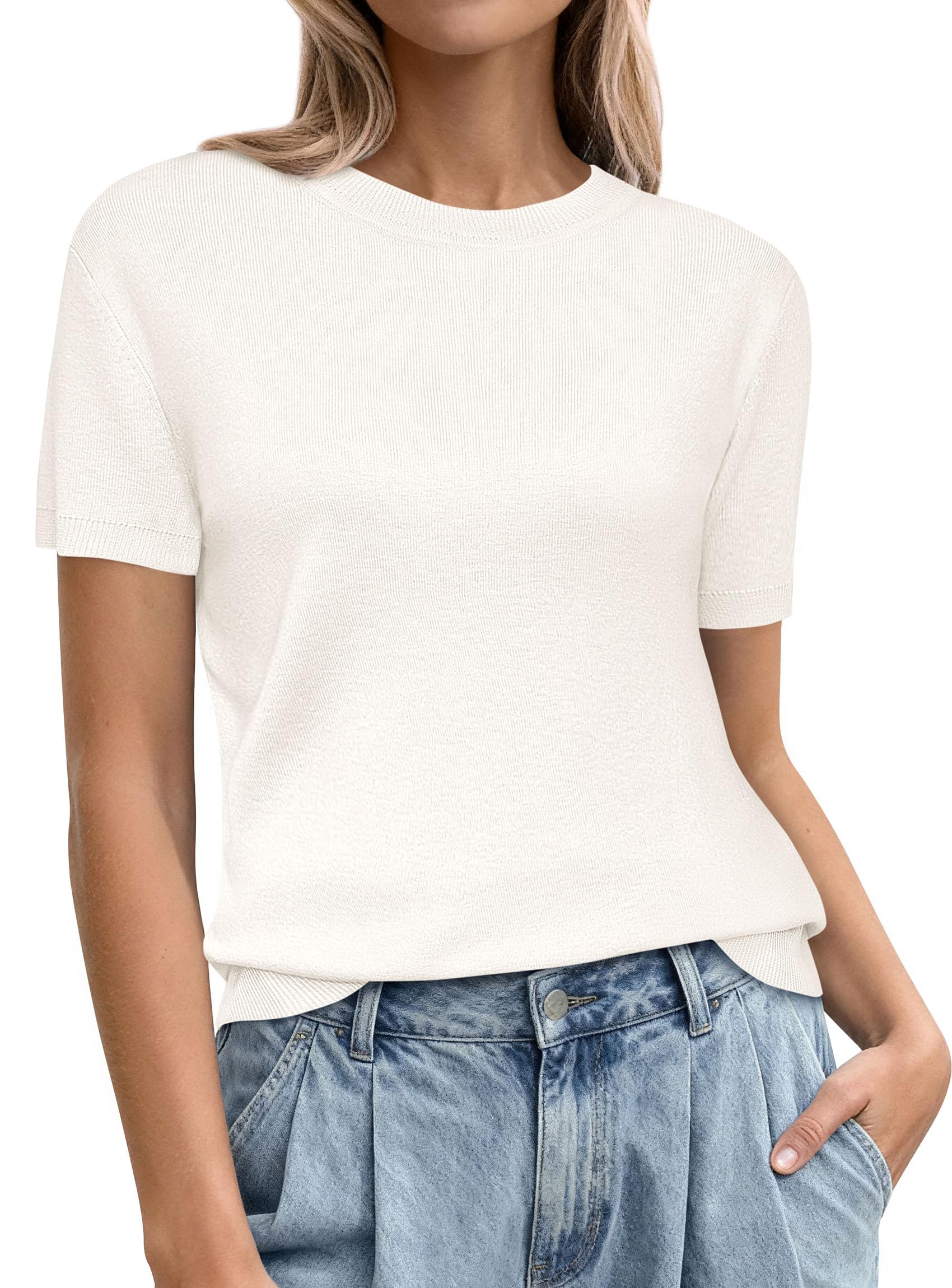 PRETTYGARDEN Women's Short Sleeve Sweaters Spring Crew Neck Knit Work Shirts Business Casual Tops Summer Fashion Clothes PRETTYGARDEN