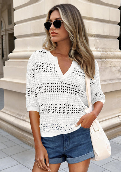 PRETTYGARDEN Womens Crochet Tops Casual Cotton Hollow Out Knit Short Sleeve Oversized Sweater for Women Summer Beach Cover Up PRETTYGARDEN