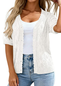 PRETTYGARDEN Short Sleeve Crochet Knit Summer Cardigans for Women Lightweight Button Down Hollow Out Sweater Beach Cover Up PRETTYGARDEN