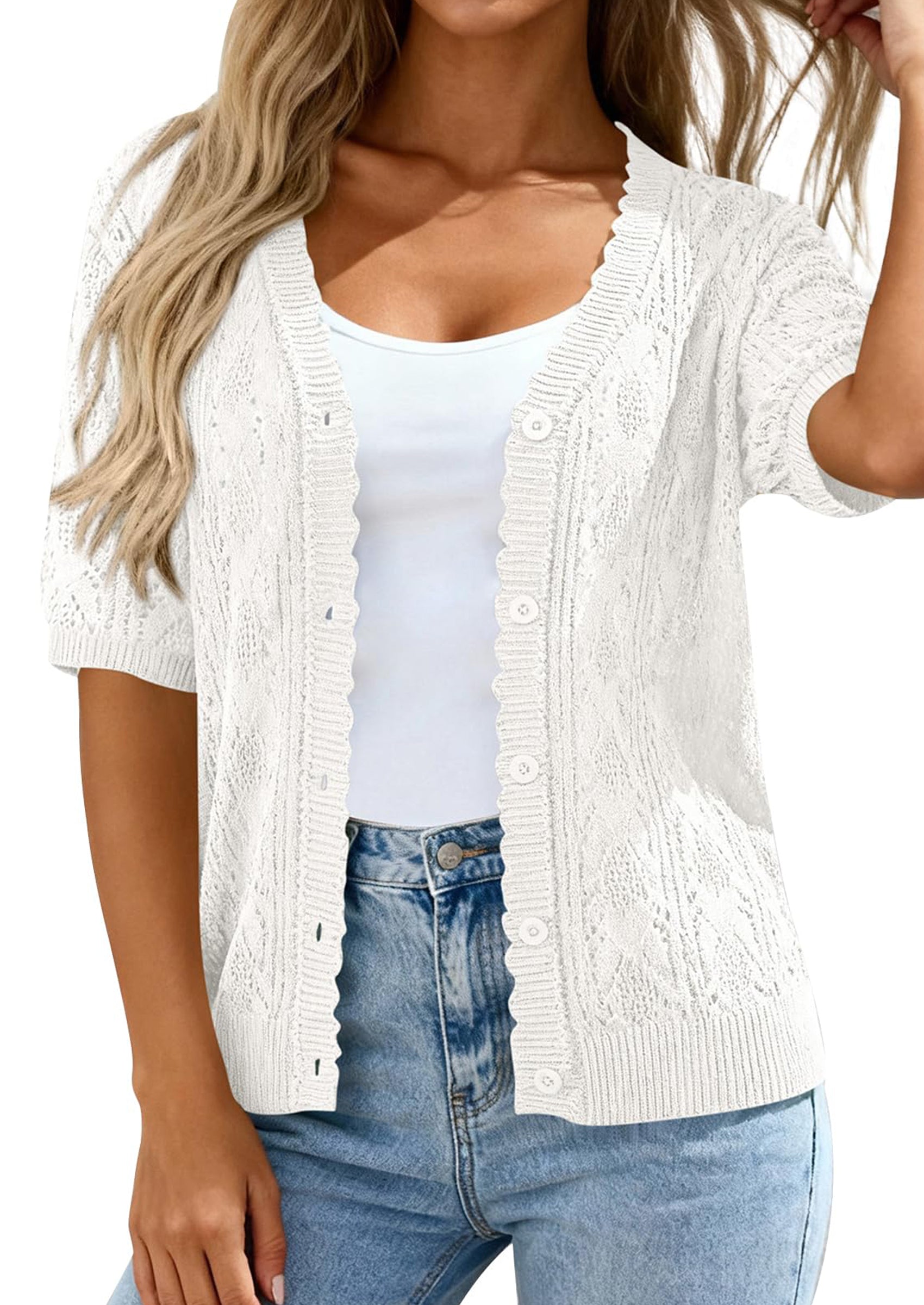 PRETTYGARDEN Short Sleeve Crochet Knit Summer Cardigans for Women Lightweight Button Down Hollow Out Sweater Beach Cover Up PRETTYGARDEN