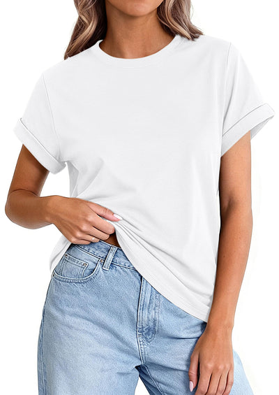 PRETTYGARDEN Womens Summer Tops Spring Casual Rolled Short Sleeve Basic Tees Crew Neck Work Shirts Fashion Clothing PRETTYGARDEN