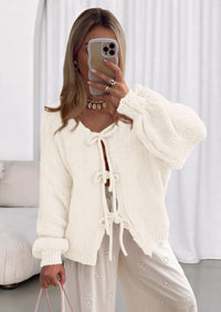 PRETTYGARDEN Women's Tie Front Bow Cardigan Sweaters Chunky Knit Long Puff Sleeve Trendy Fall Winter Jacket Coats