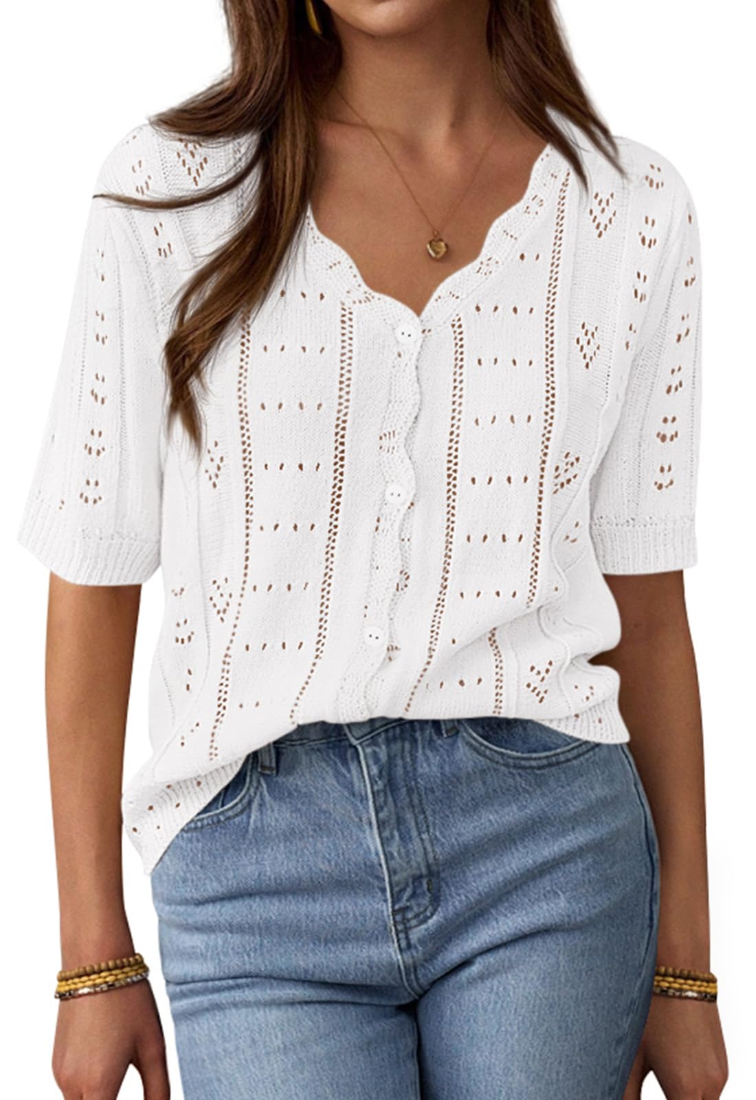 PRETTYGARDEN Womens Short Sleeve Crochet Knit Sweater Spring Fashion Button Down Lightweight Cardigans Summer Tops PRETTYGARDEN