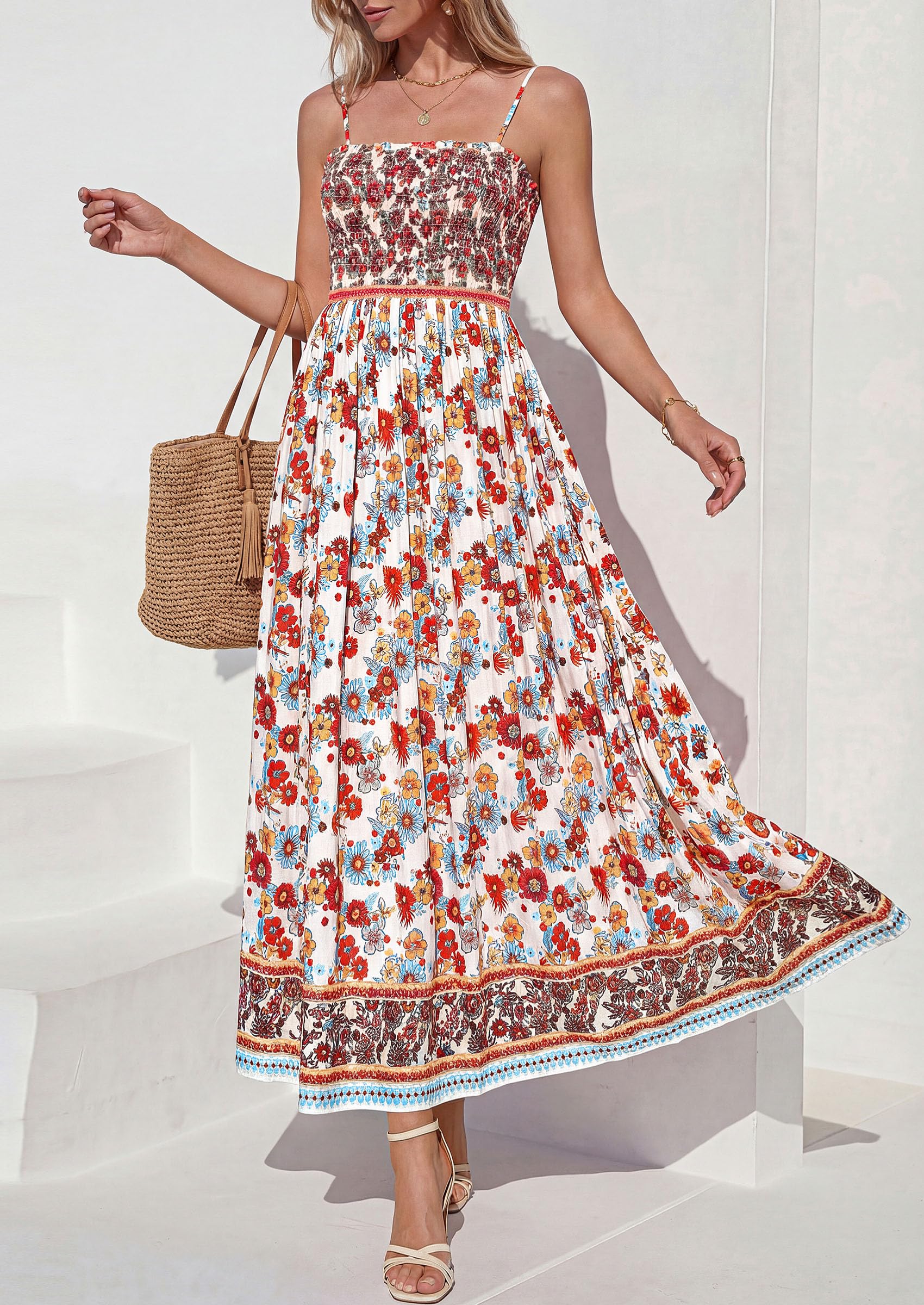 PRETTYGARDEN Womens Floral Maxi Dress Boho Casual Summer Spaghetti Strap Smocked Sleeveless Flowy Beach Vacation Dresses
