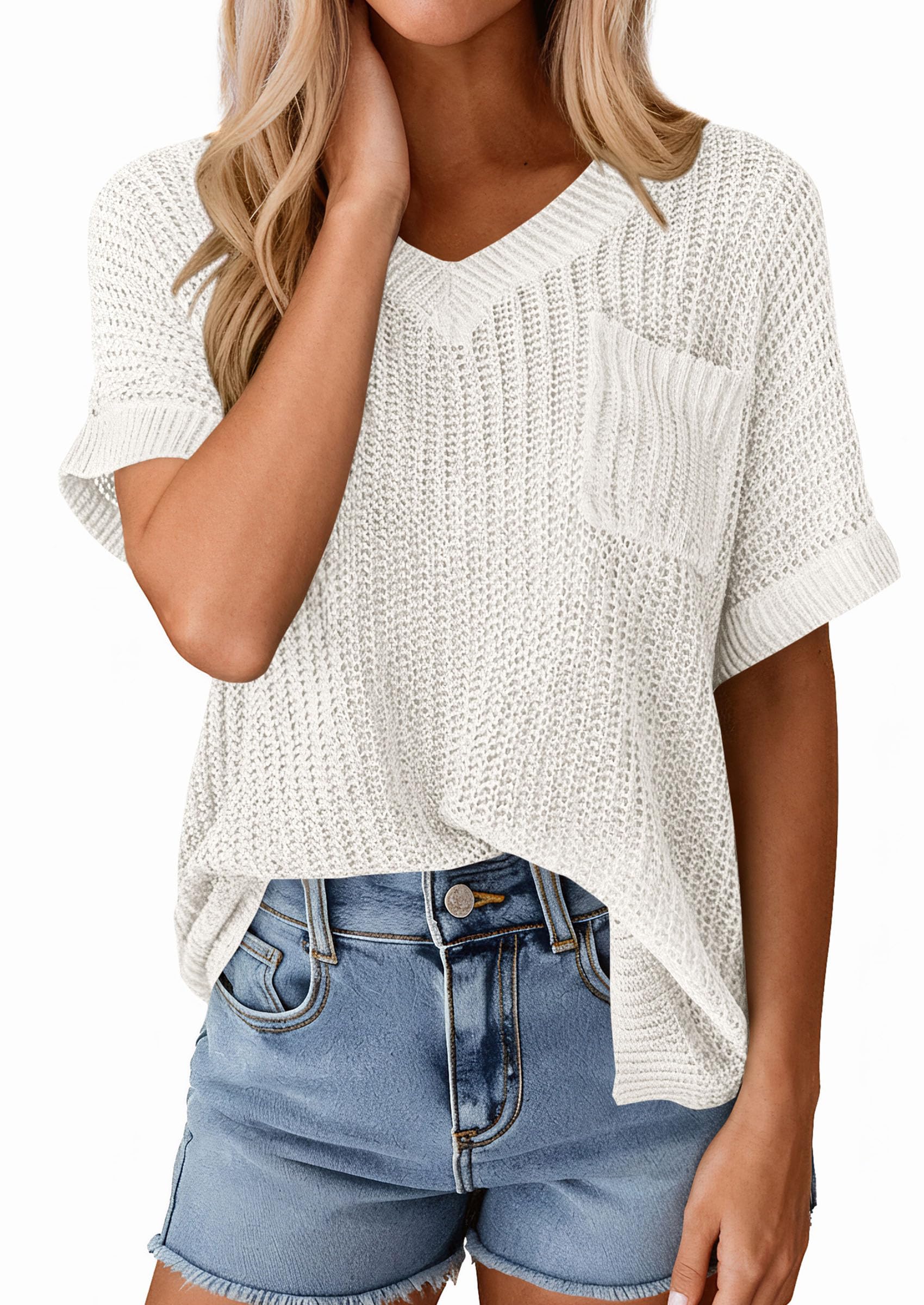 PRETTYGARDEN Women's Spring Short Sleeve Sweaters Lightweight V Neck Casual Going Out Summer T PRETTYGARDEN