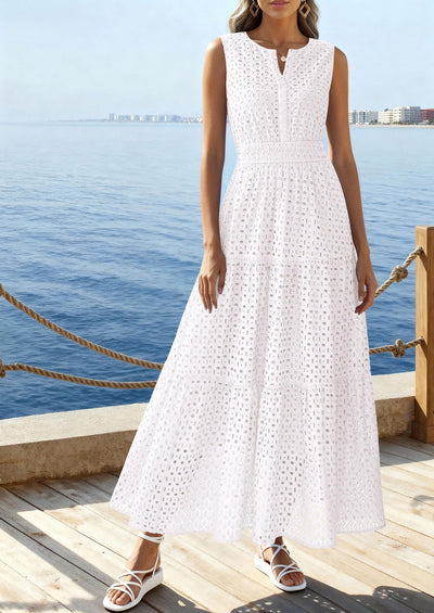 PRETTYGARDEN Summer Dresses for Women Sundresses Sleeveless V Neck Eyelet A Line Flowy Beach Vacation Spring Maxi Dress PRETTYGARDEN