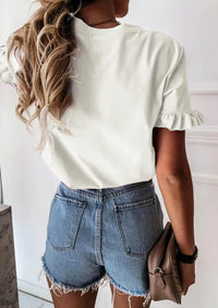 PRETTYGARDEN Women's Short Sleeve Casual T Shirts Summer Ruffle Plain Round Neck Loose Fit Tee Blouse Tops