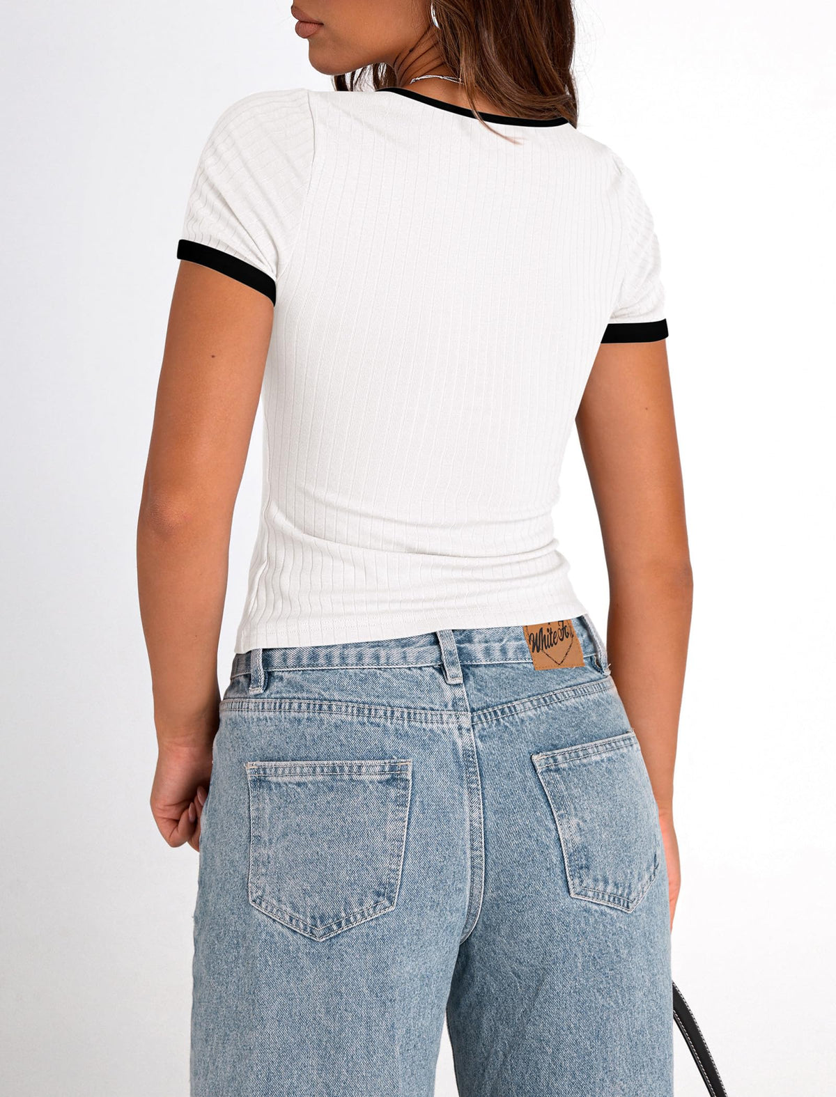 Summer Casual Short Sleeve Ribbed Knit Square Neck Color Block Slim Fit Basic Crop Tops