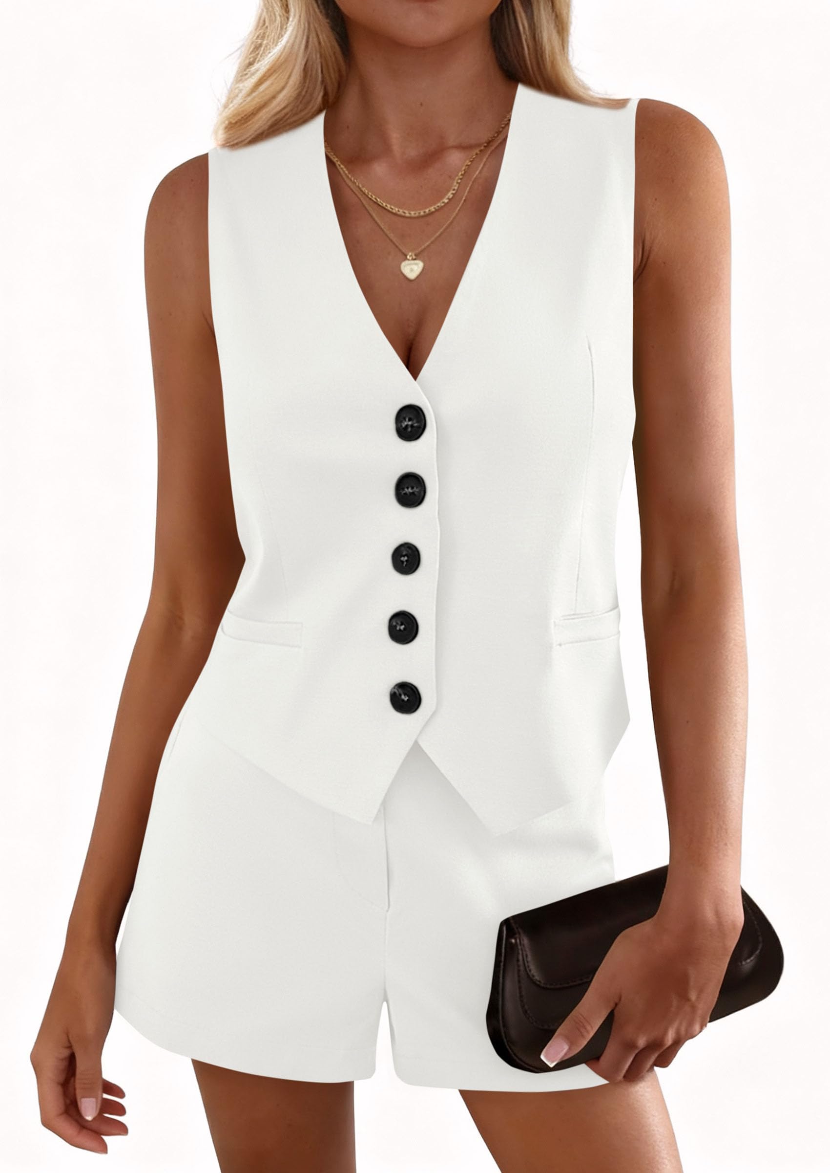 PRETTYGARDEN 2 Piece Sets for Women Spring Fashion Button Vest Tops High Waist Shorts Summer Business Casual Outfits PRETTYGARDEN