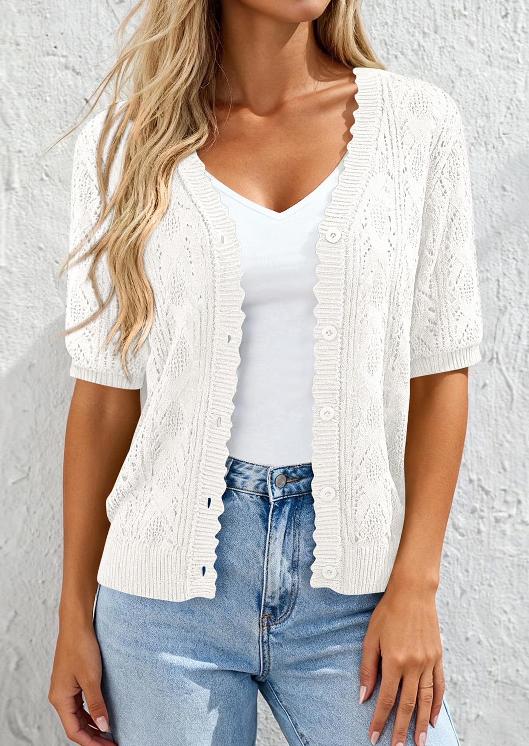 PRETTYGARDEN Short Sleeve Crochet Knit Summer Cardigans for Women Lightweight Button Down Hollow Out Sweater Beach Cover Up PRETTYGARDEN