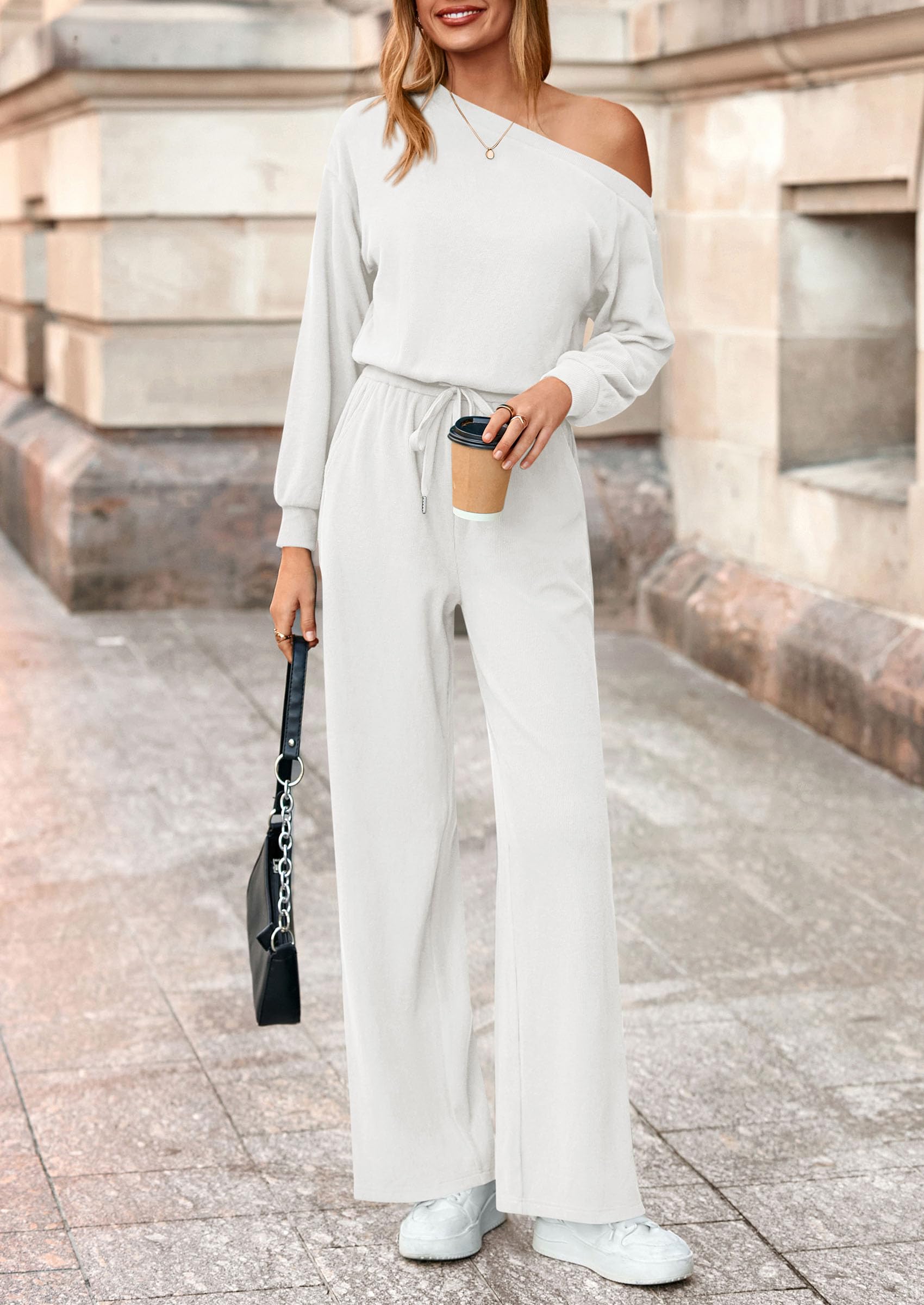 PRETTYGARDEN Long Sleeve Jumpsuit For Women Dressy Off Shoulder One Piece Loose Wide Leg Jumpsuits Casual Flowy Romper