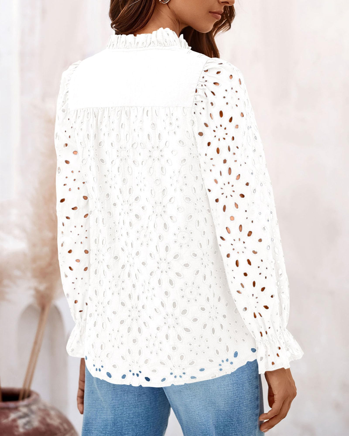 Women's Dressy Casual Blouse Tops Puff Long Sleeve Button V Neck Hollow Out Lace Embroidered Pullover Shirts