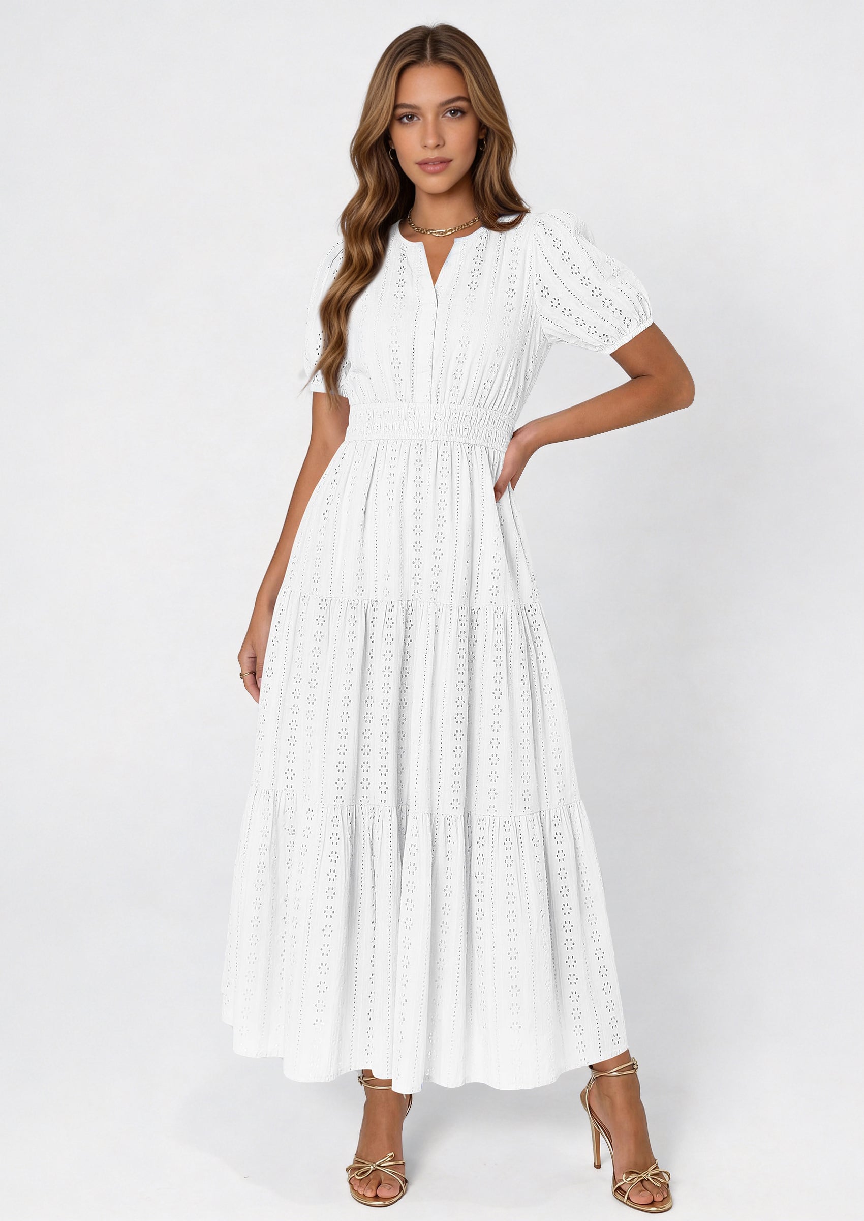 PRETTYGARDEN Womens Summer Maxi Dresses Casual Puff Sleeve V Neck Smocked Flowy Eyelet Cotton Dress Spring Sundress PRETTYGARDEN