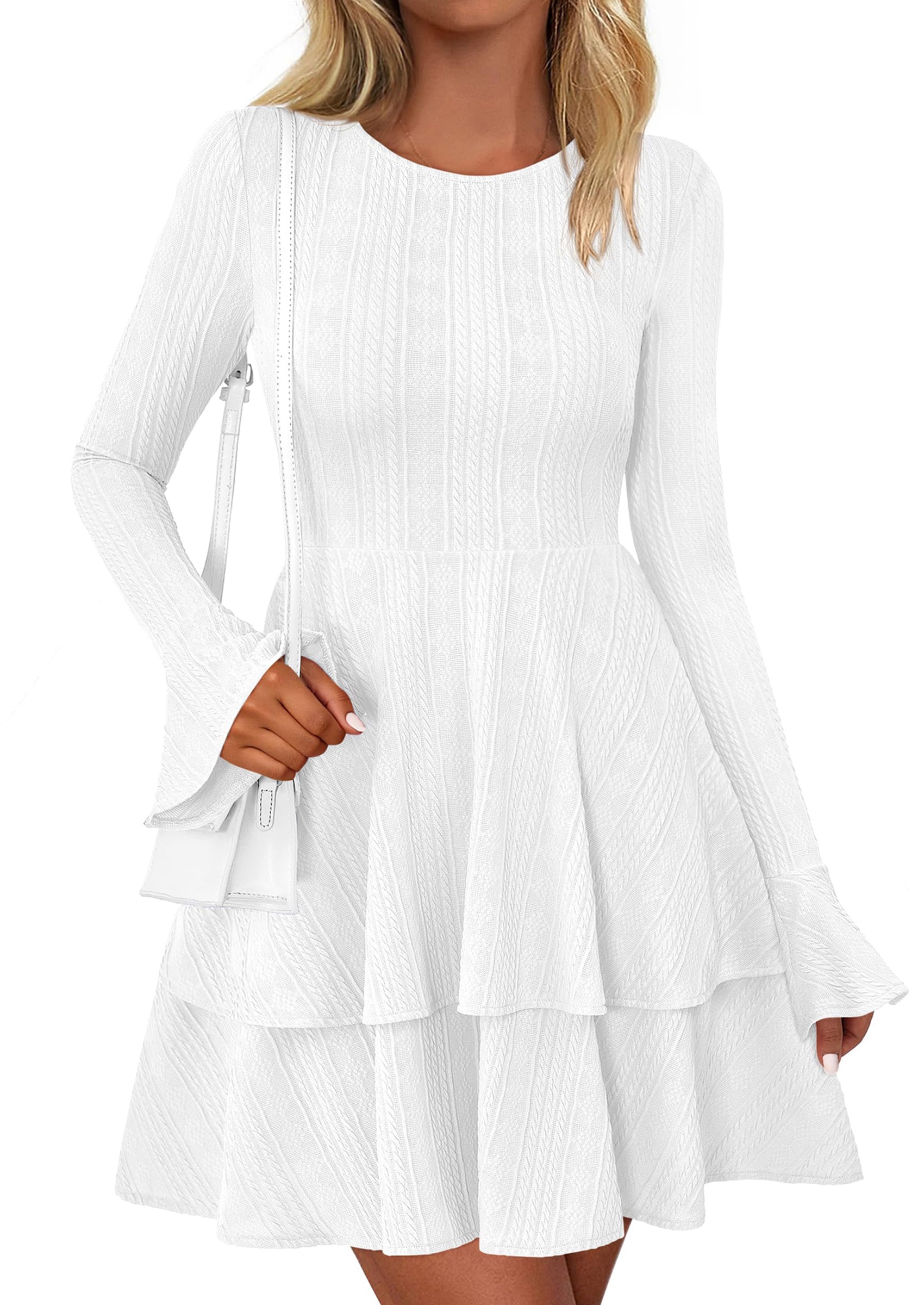 PRETTYGARDEN Womens Spring Fashion Long Bell Sleeve Mini Sweater Dress Casual Crewneck A Line Knit Short Cocktail Dresses - PRETTYGARDEN