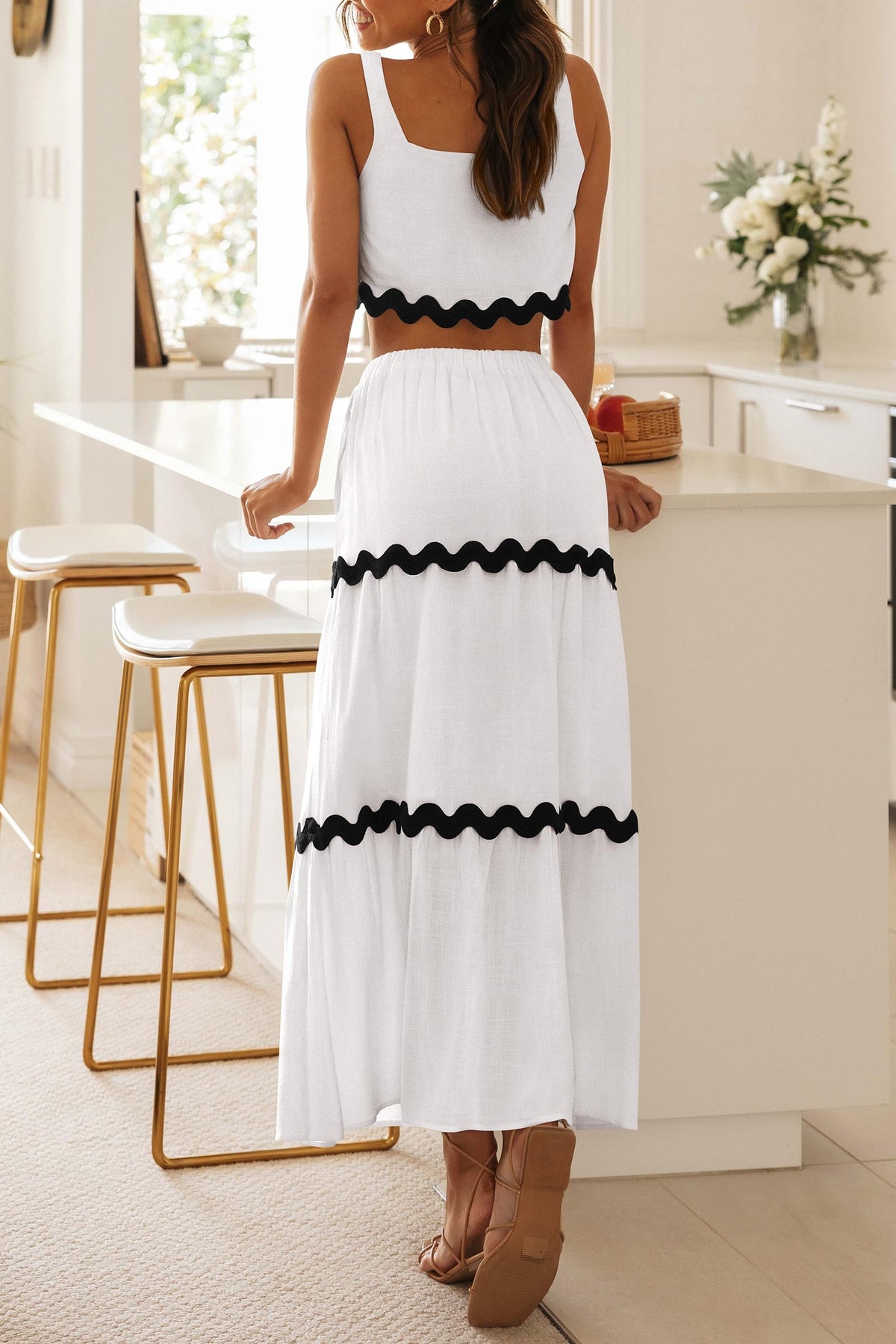 2 Piece Summer Casual Sleeveless Cropped Tank Top High Waisted Maxi Skirt Set