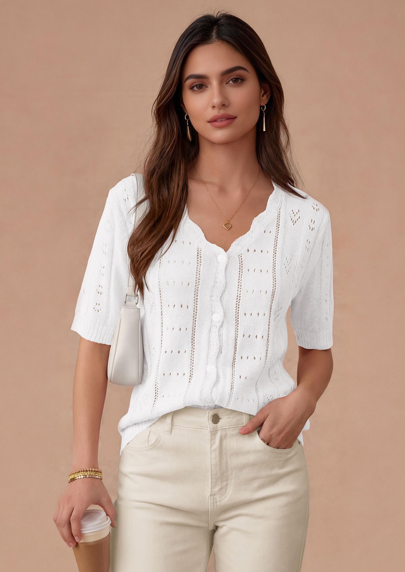 PRETTYGARDEN Womens Short Sleeve Crochet Knit Sweater Spring Fashion Button Down Lightweight Cardigans Summer Tops PRETTYGARDEN