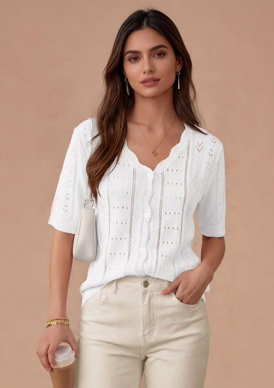 PRETTYGARDEN Womens Short Sleeve Crochet Knit Sweater Spring Fashion Button Down Lightweight Cardigans Summer Tops PRETTYGARDEN