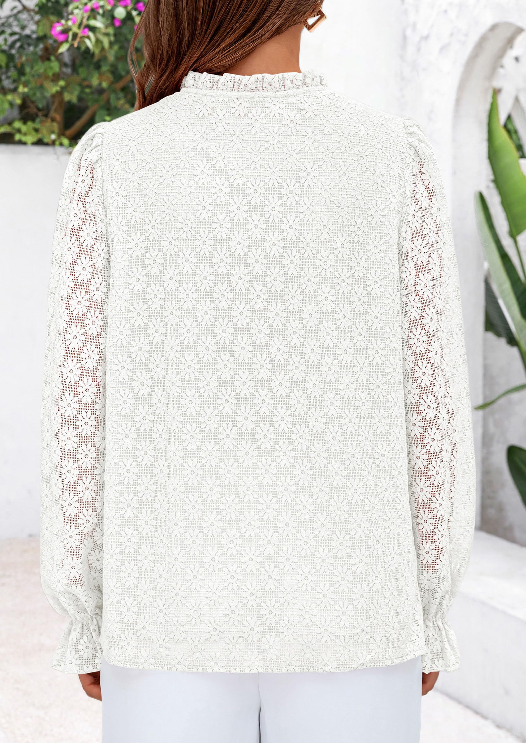 PRETTYGARDEN Lace Long Sleeve Tops for Women Eyelet Blouses Dressy Casual Hollow Out Button Down Shirts Summer Outfits