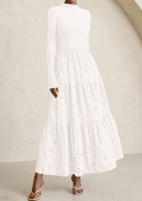 PRETTYGARDEN Long Sleeve Dress for Women Fall Eyelet Mock Neck A Line Elegant Classy Maxi Wedding Guest Dresses Pockets