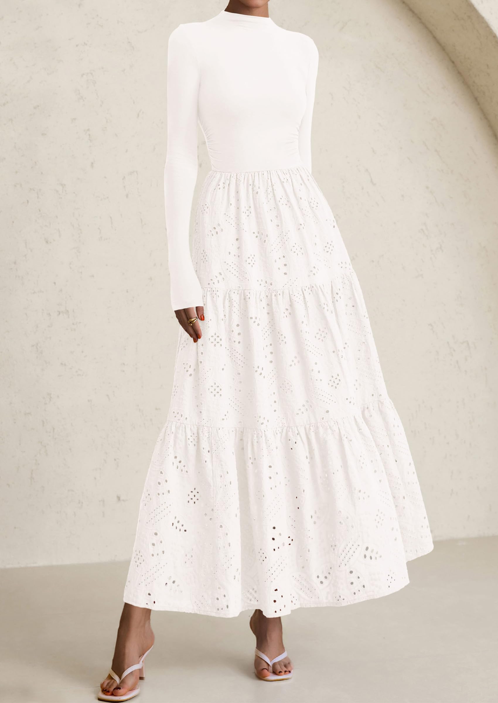 PRETTYGARDEN Long Sleeve Dress for Women Fall Eyelet Mock Neck A Line Elegant Classy Maxi Wedding Guest Dresses Pockets