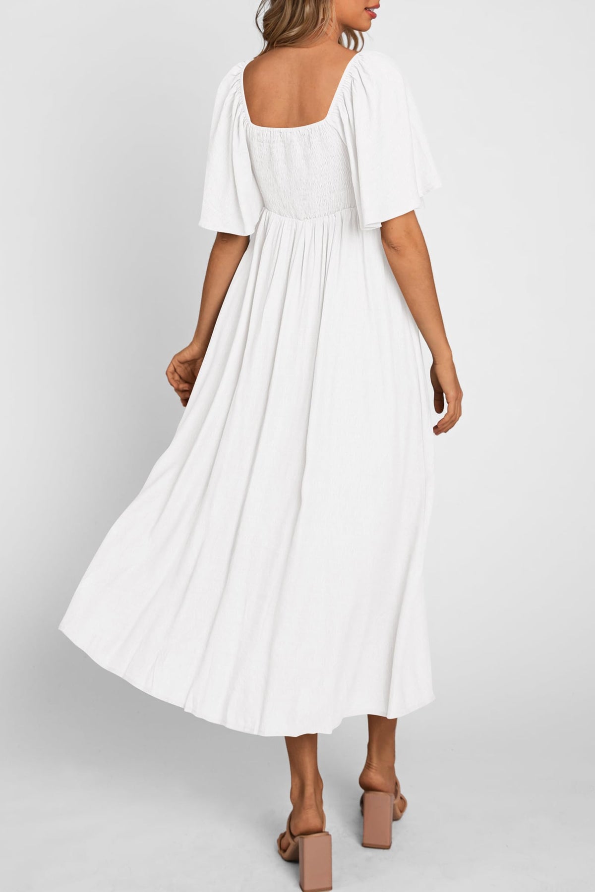 Casual Short Sleeve Bow Tie V Neck Ruffle Flowy Midi Dresses