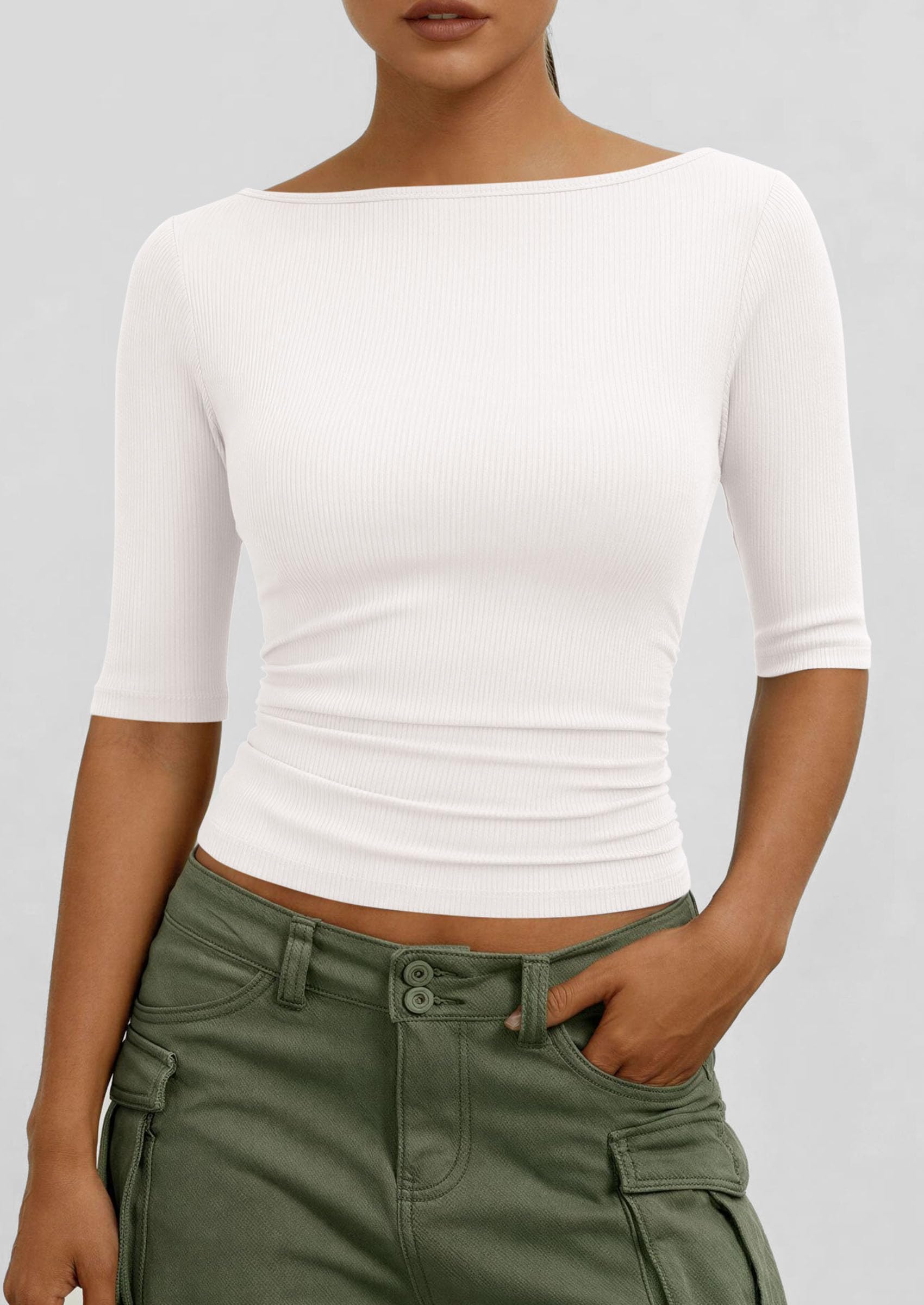 PRETTYGARDEN Womens Summer Short Sleeve Tops Boat Neck Ribbed Knit Slim Fit T Shirt Casual Basic Top Spring Clothes PRETTYGARDEN