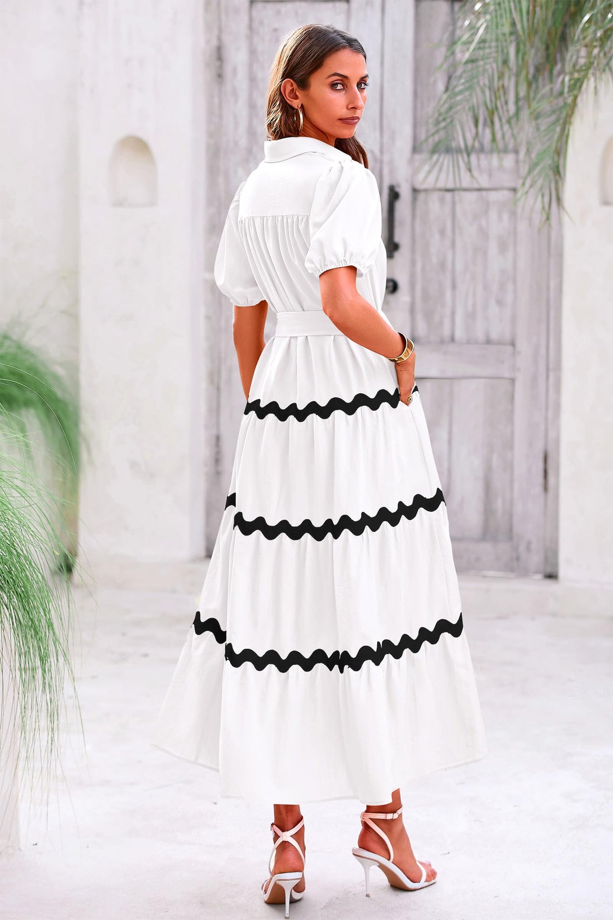 Summer Maxi Button Down Puff Short Sleeve Ruffle Long Flowy Shirt Dresses With Belt