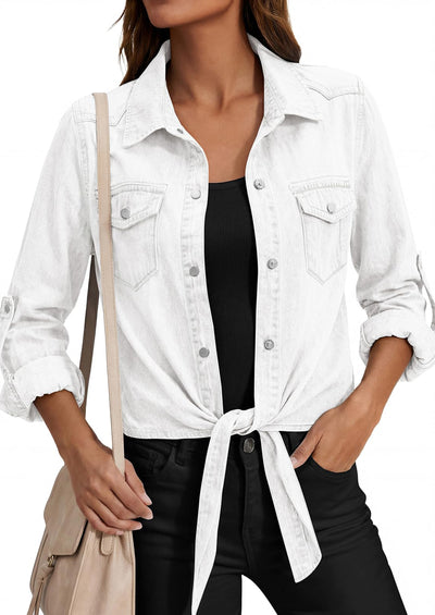 PRETTYGARDEN Womens Denim Shirts Collared Long Sleeve Button Down Shirt Women Tie Front Cardigans Summer Crop Tops Blouses