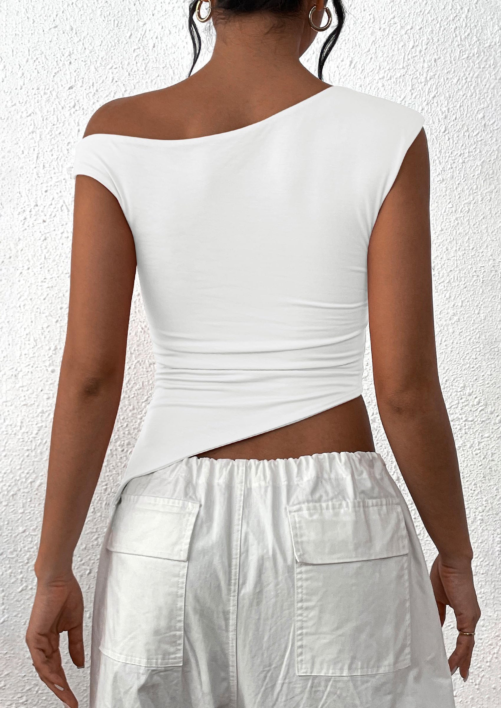 PRETTYGARDEN Womens Off The Shoulder Tops Summer Sleeveless One Shoulder Ruched Asymmetrical Y2K Going Out Crop Tank Top