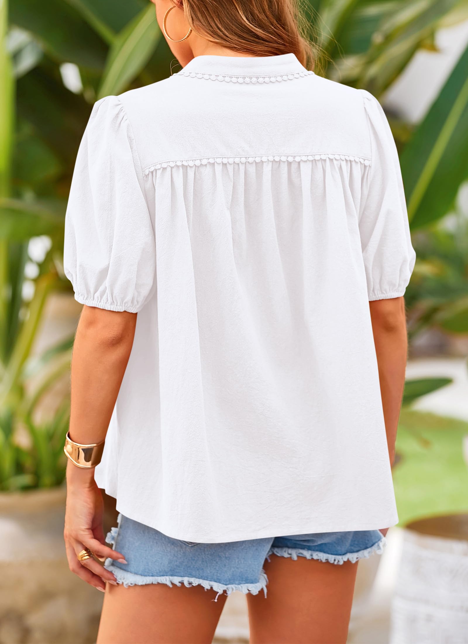 PRETTYGARDEN Women's Summer Tops Button Down Shirts Short Lantern Sleeve V Neck Cotton Cute Dressy Casual Blouses