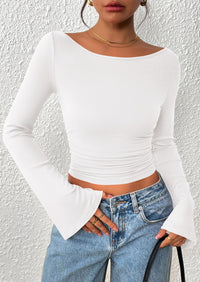 PRETTYGARDEN Women's Long Sleeve Shirts Fall Going Out Tops Casual Boat Neck Bell Sleeve Ribbed Ruched Y2K Clothes