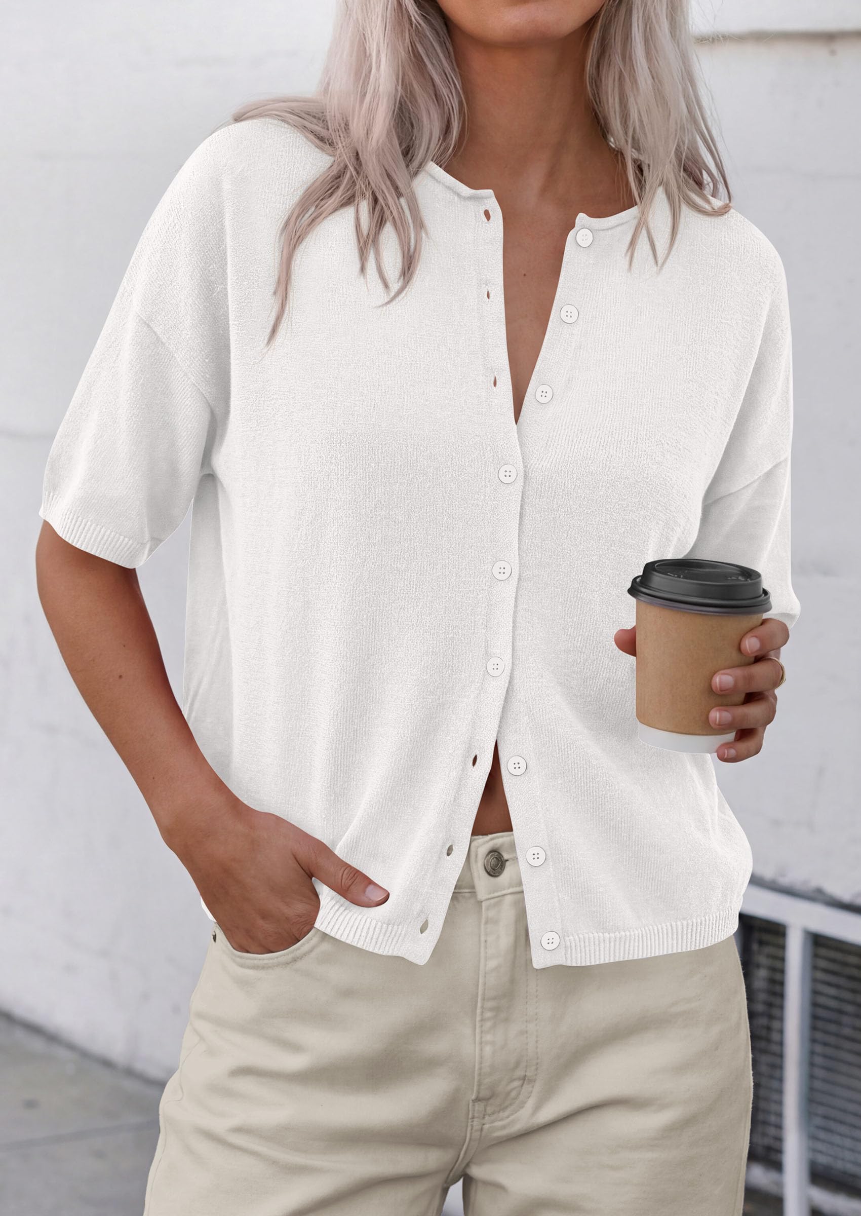 PRETTYGARDEN Women Spring Short Sleeve Cardigan Sweaters Button Down Knit Shirt Blouse Dressy Casual Tops Summer Outfits PRETTYGARDEN